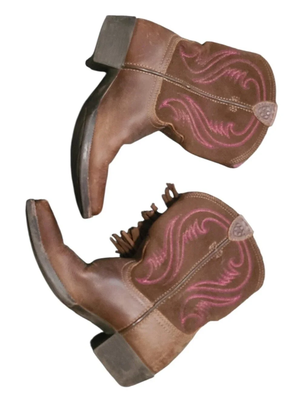 Girls Brown Leather Cowboy Boots with Fringe and Pink Stitching 13